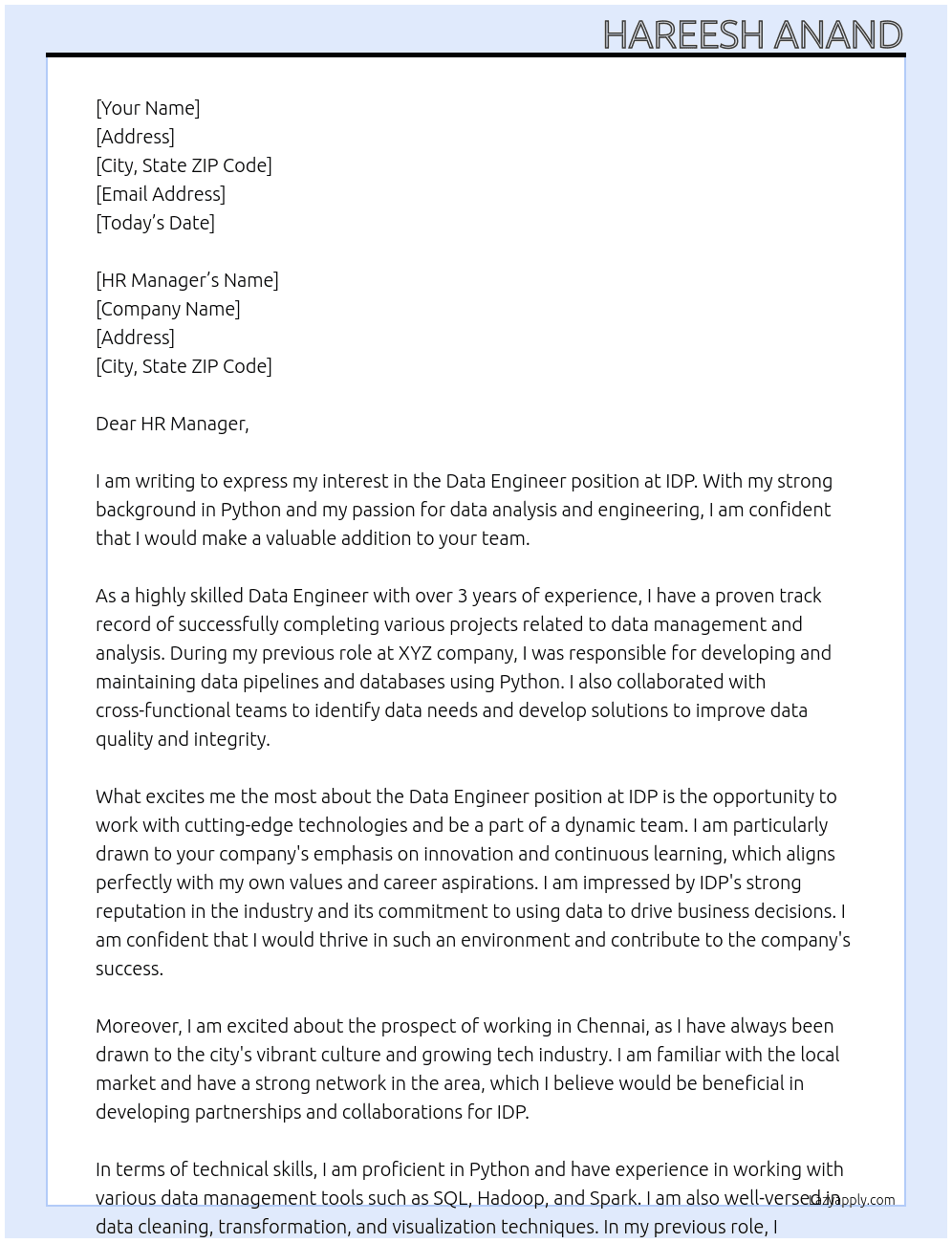 Data Engineer At IDP Cover Letter