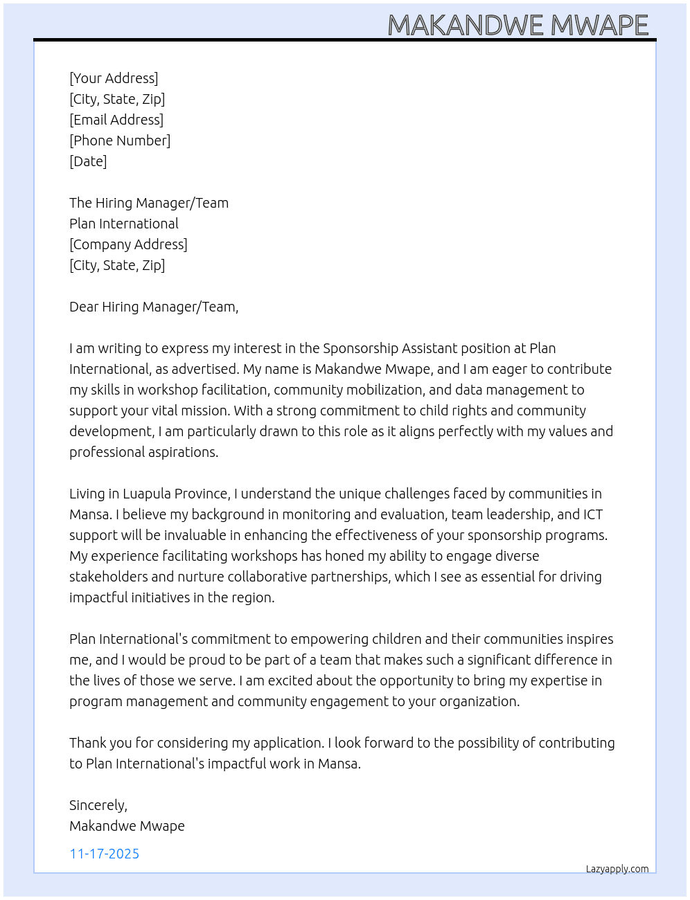 Sponsorship Assistant  At Plan International  Cover Letter