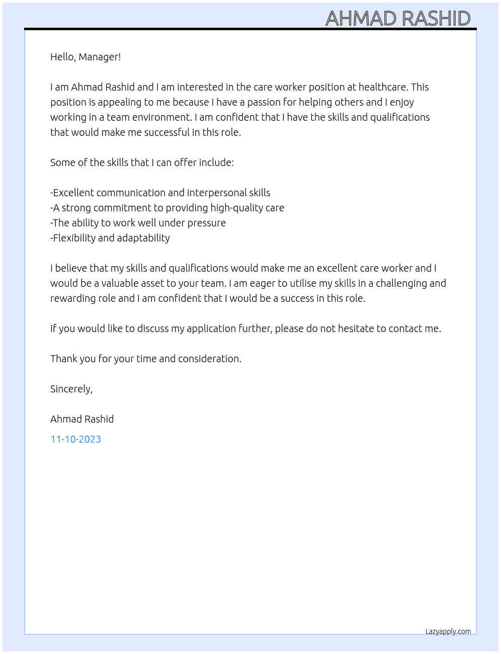care worker  At healthcare  Cover Letter