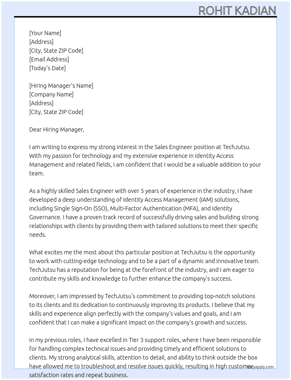 Sales engineer  At TechJutsu Cover Letter