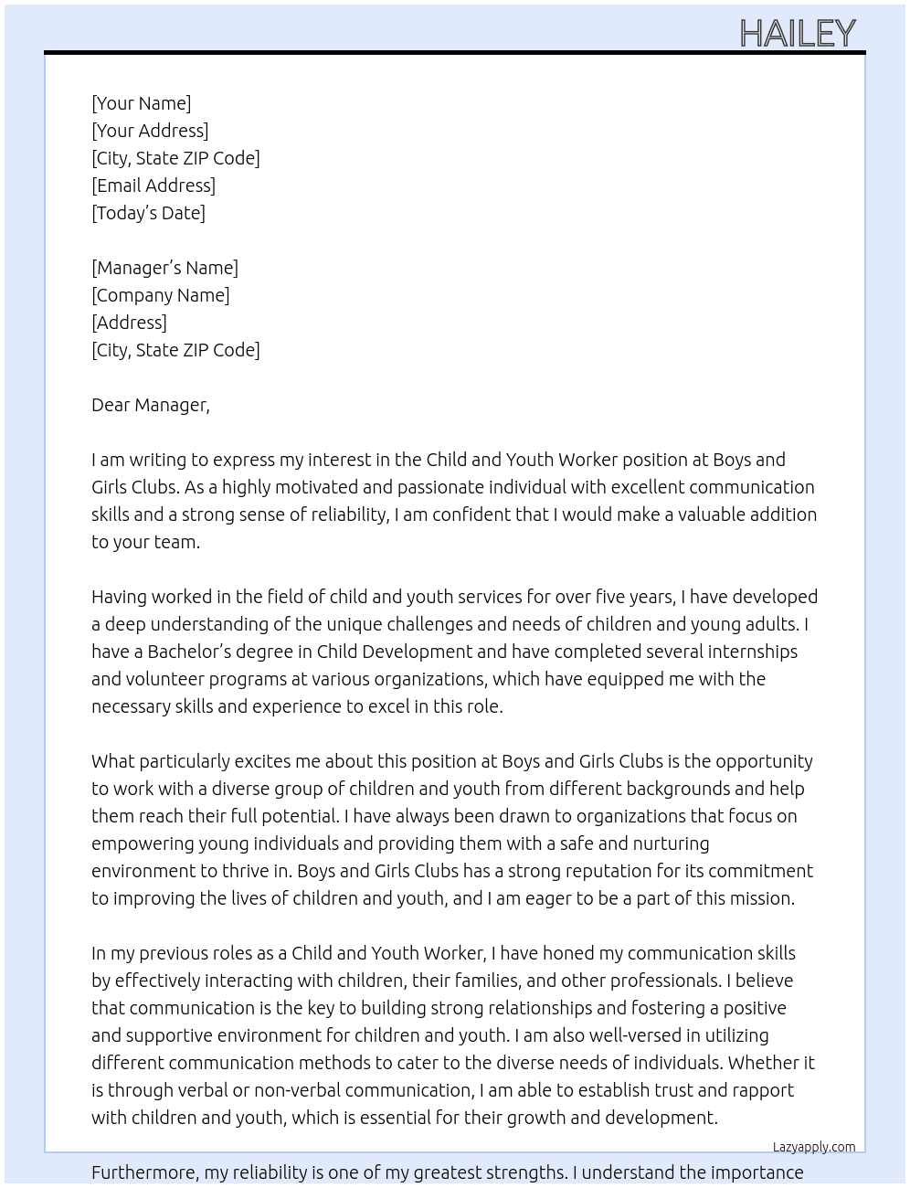 Child and youth worker At Boys and girls clubs  Cover Letter