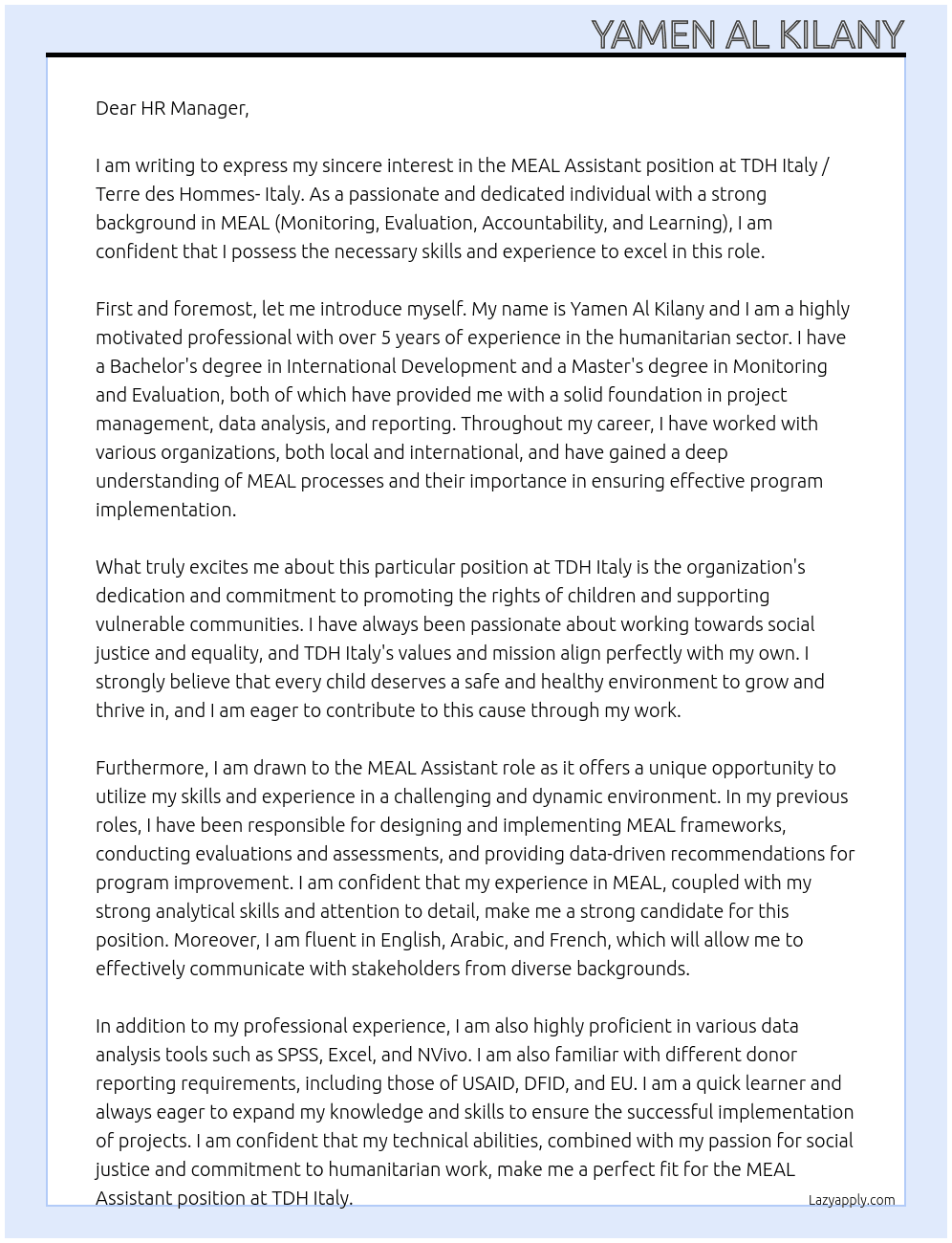 MEAL Assistant At TDH Italy / Terre des Hommes- Italy Cover Letter