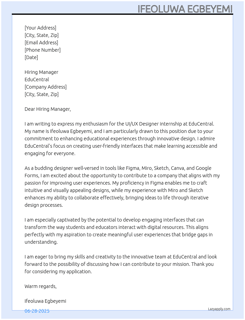 Cover letter for ui/uix designer - LazyApply