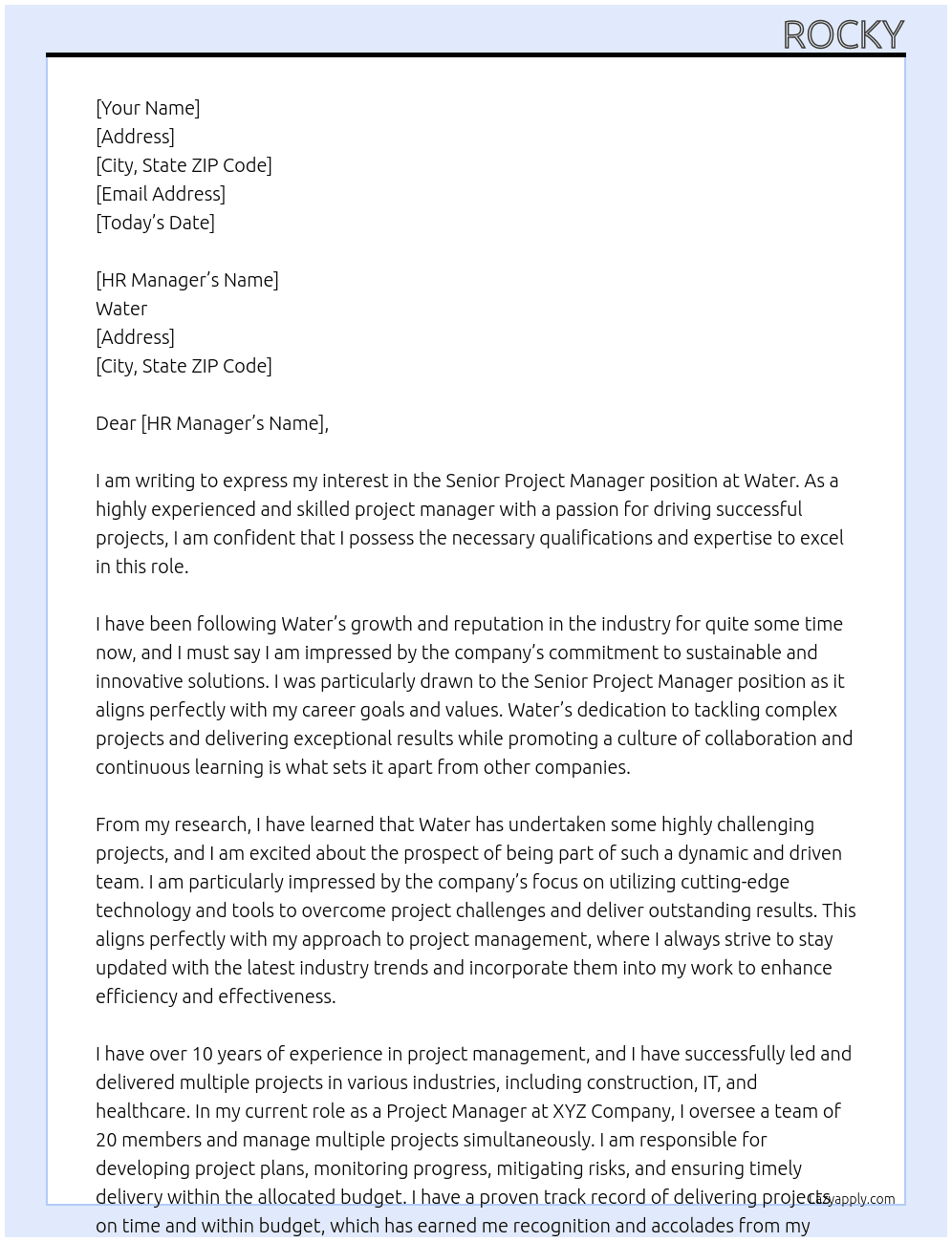 Senior Project Manager At Water Cover Letter