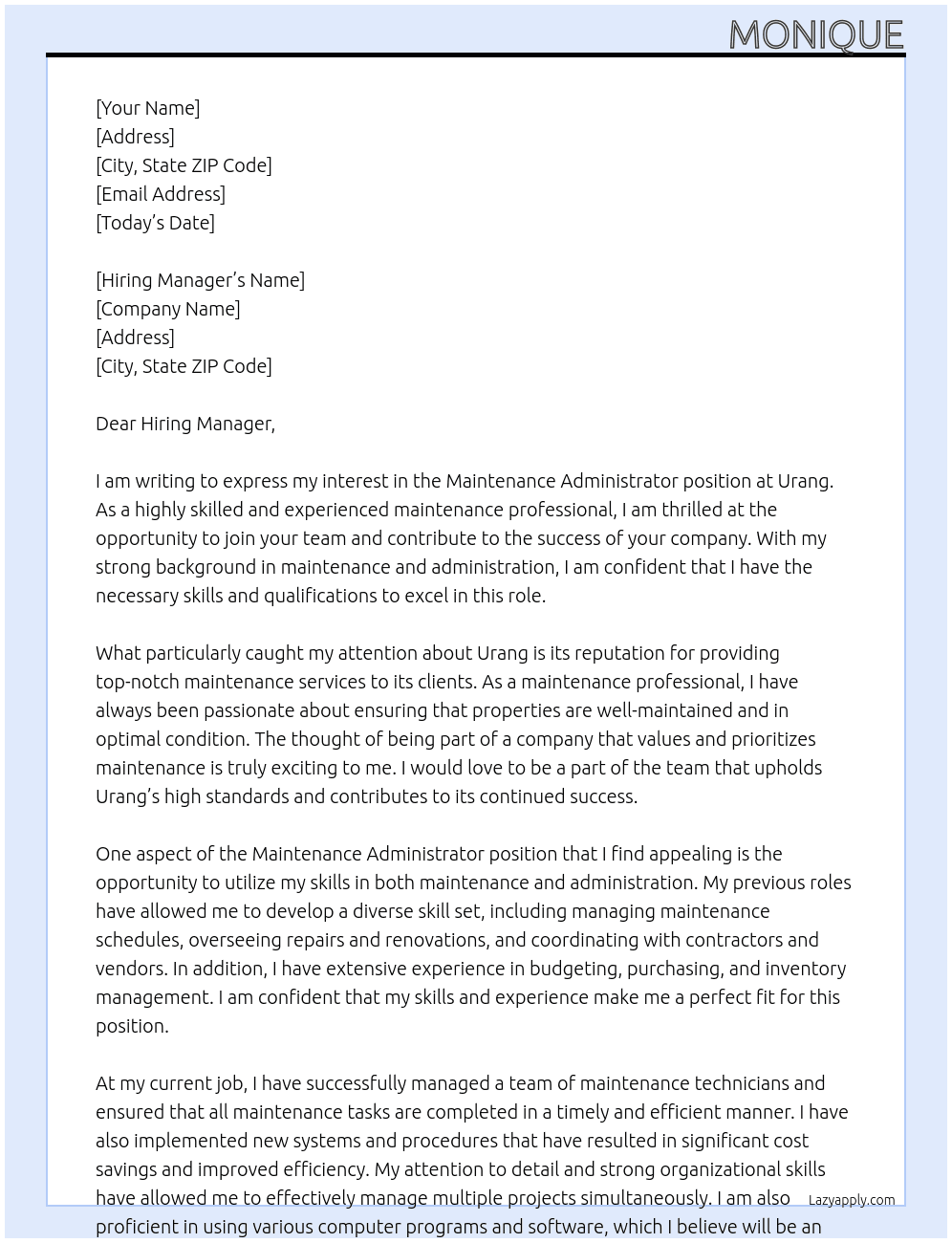 Cover letter for maintenance administrator - LazyApply