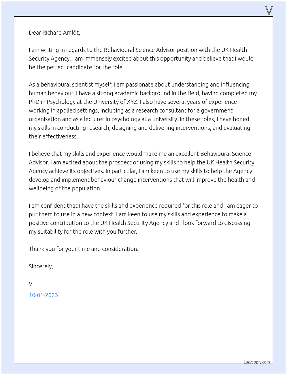 Behavioural Science Advisor At UK Health Security Agency Cover Letter
