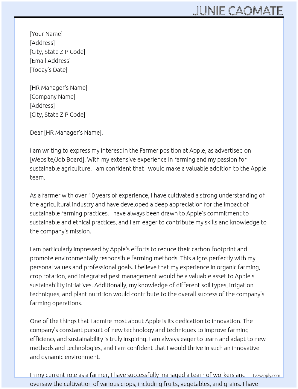 Farmer At Apple Cover Letter