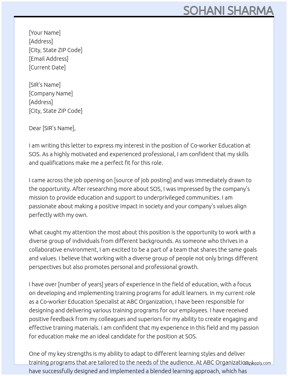 CO WORKER EDUCATION At SOS Cover Letter