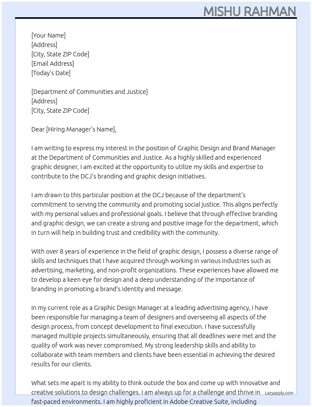 Graphic Design and Brand Manager  At Department of Communities and Justice  Cover Letter