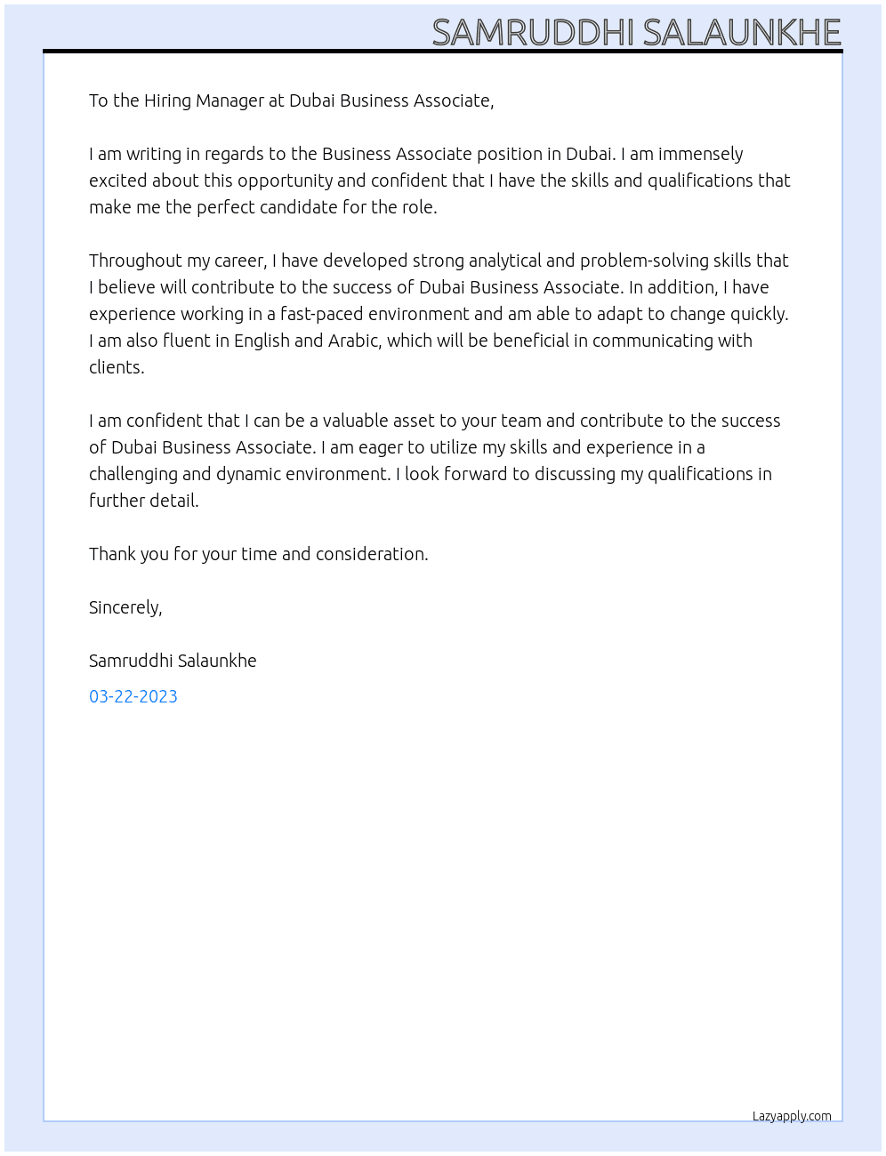 Dubai Business Associate  At Dubai Business Associaate Cover Letter