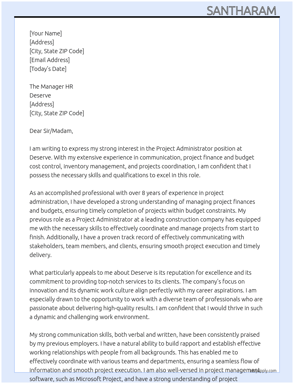 Project Administer  At Deserve  Cover Letter