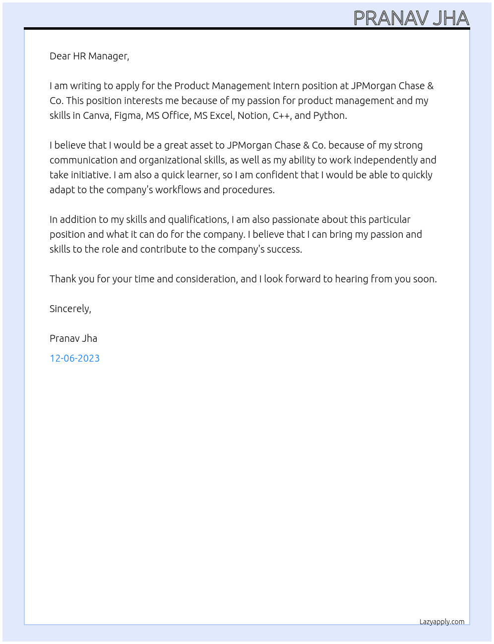 Product Management Intern At JPMorgan Chase & Co. Cover Letter