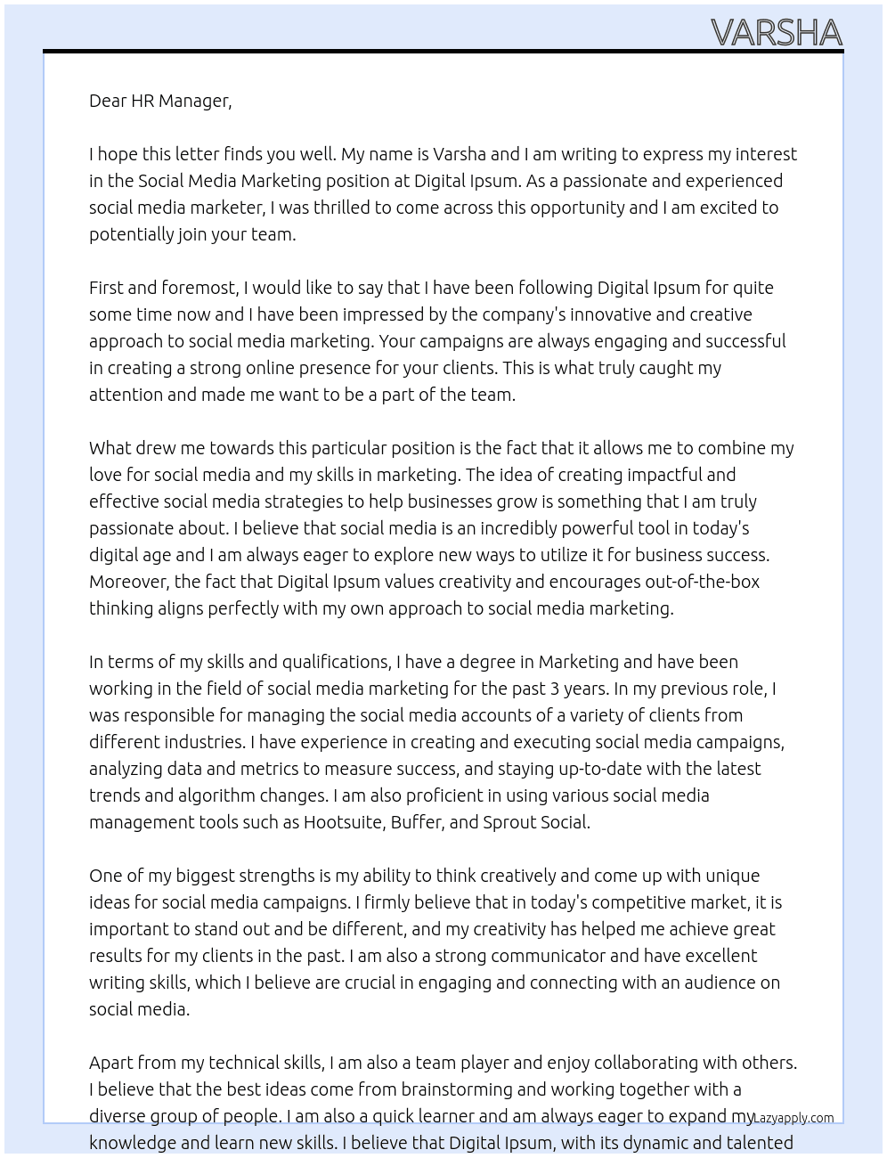 Social Media Marketing At Digital Ipsum Cover Letter