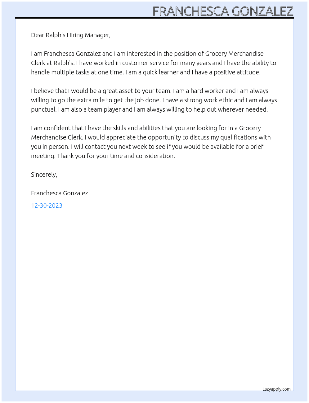 Grocery Merchandise Clerk At Ralph's Cover Letter