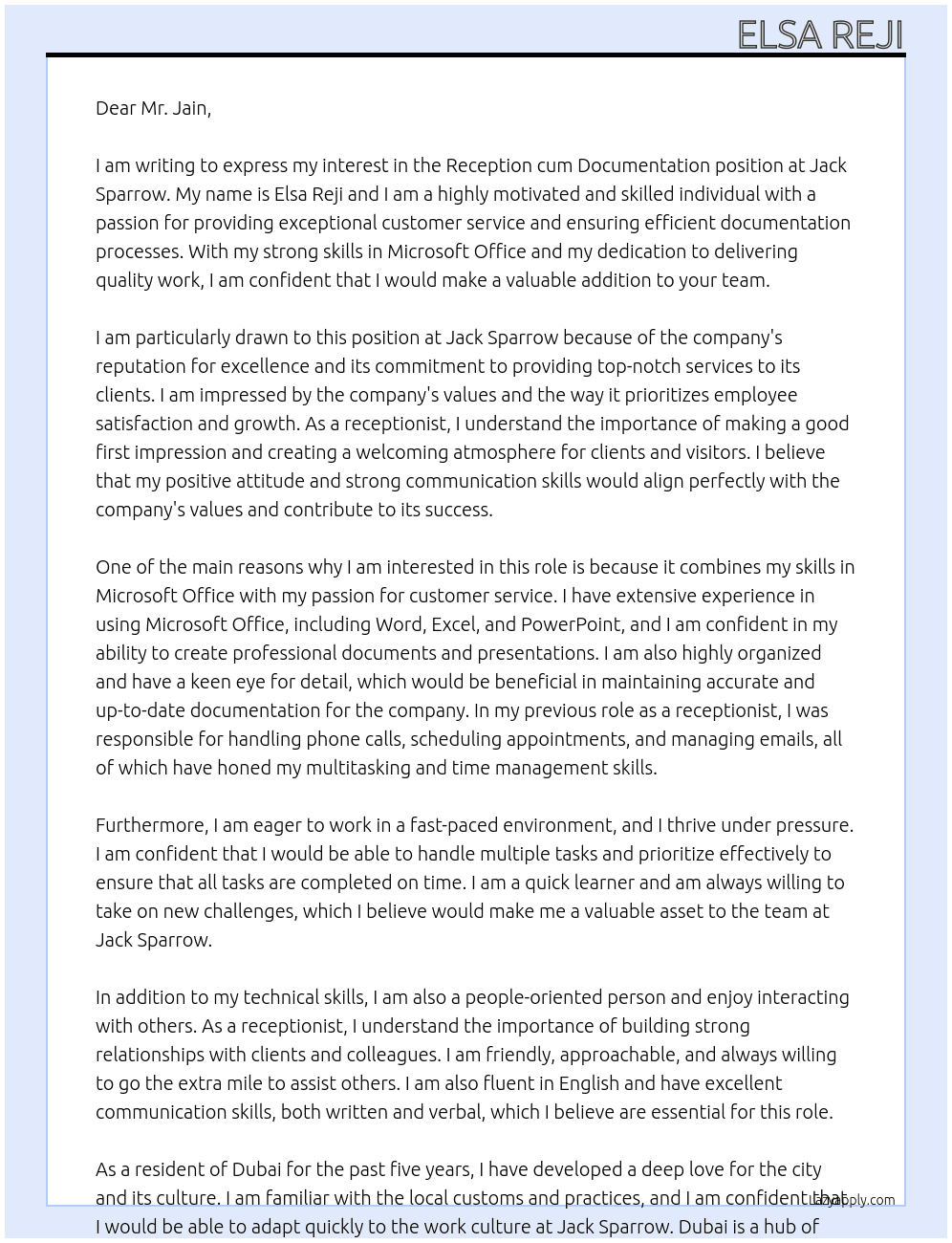 Reception cum documentation  At Jack sparrow Cover Letter