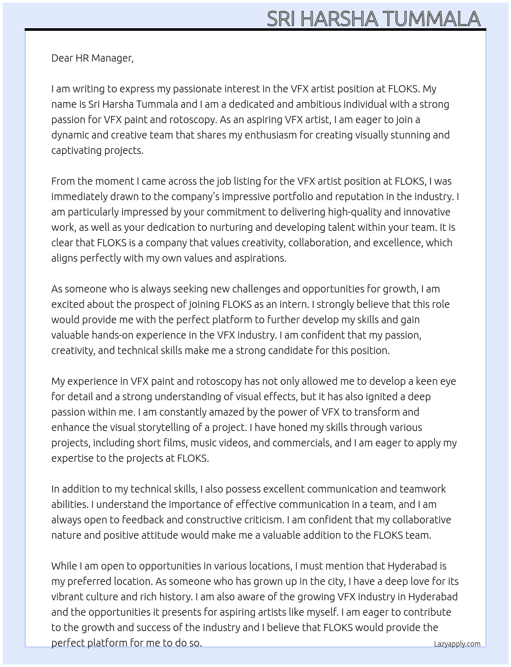 VFX artist  At FLOKS Cover Letter