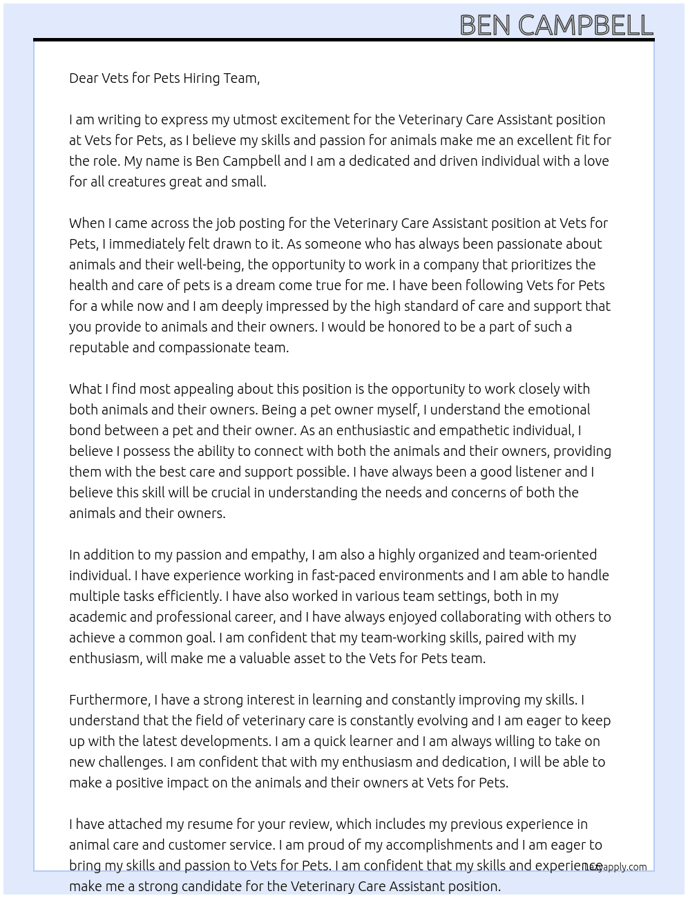 Veterinary care assistant  At Vets for pets  Cover Letter