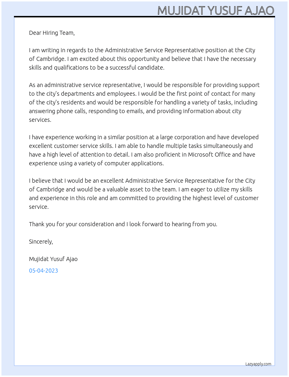 Administrative service representative At City of Cambridge Cover Letter