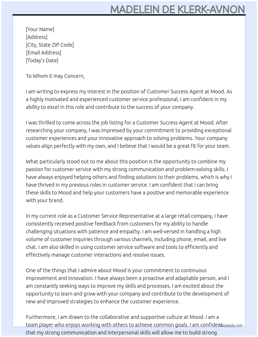 Customer Success Agent At Mood Cover Letter
