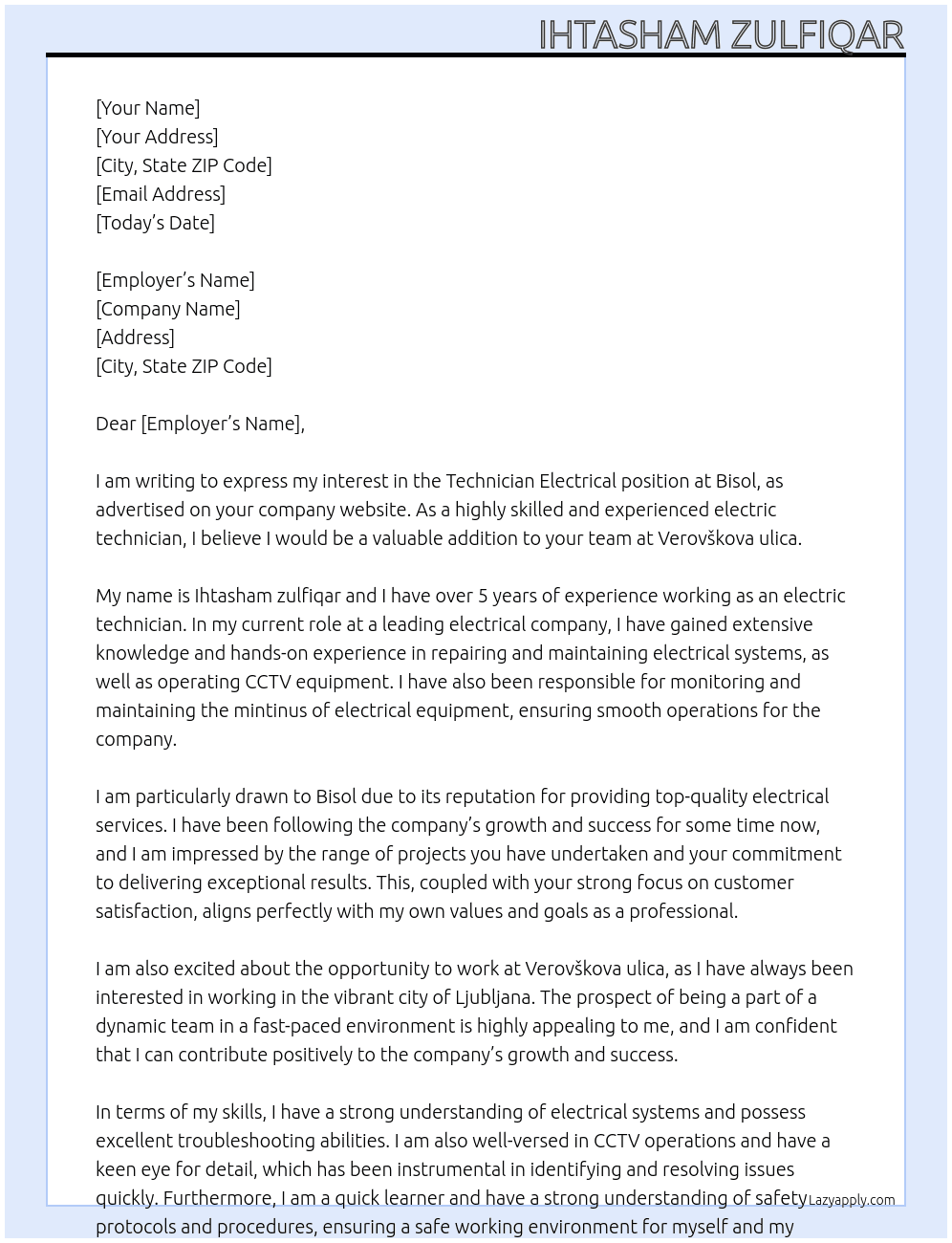 Technician electrical  At Bisol Cover Letter