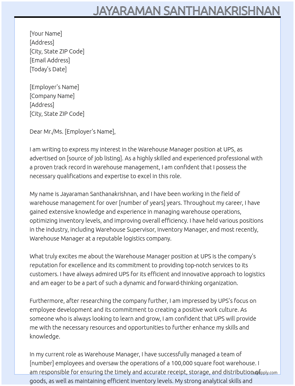Warehouse Manager At UPS Cover Letter