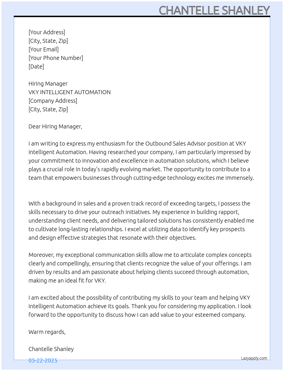 Outbound Sales Advisor At VKY INTELLIGENT AUTOMATION Cover Letter