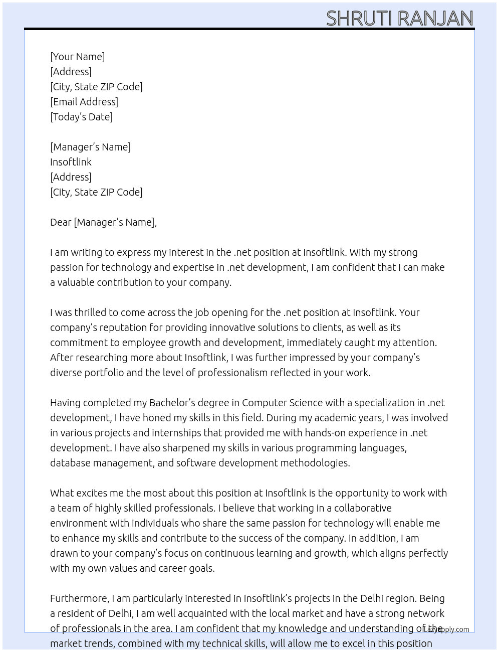 .net  At insoftlink Cover Letter