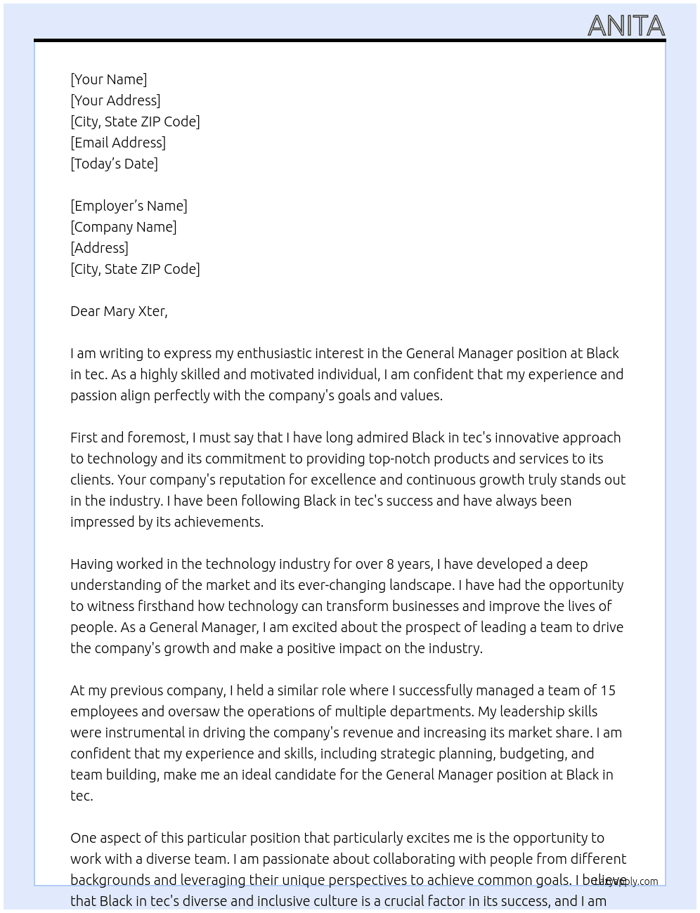 General manager At Black in tec Cover Letter