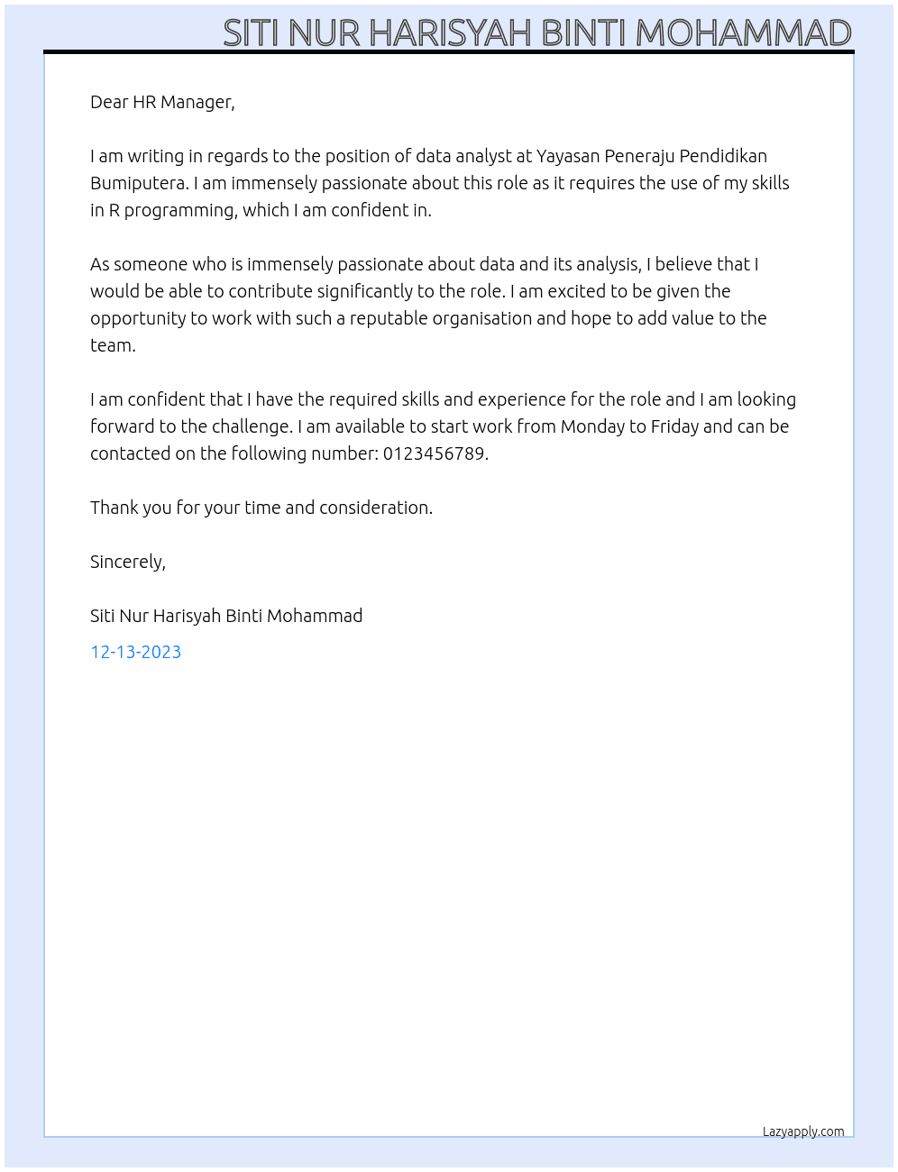 data analyst At Yayasan Peneraju Pendidikan Bumiputera Cover Letter
