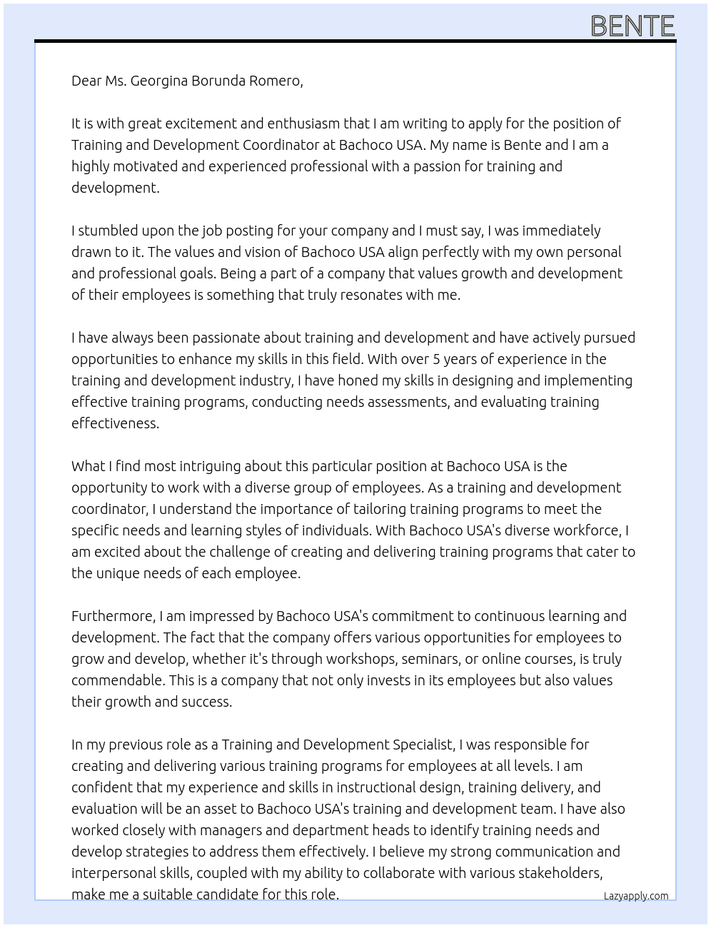 training and development coordinator At Bachoco USA Cover Letter
