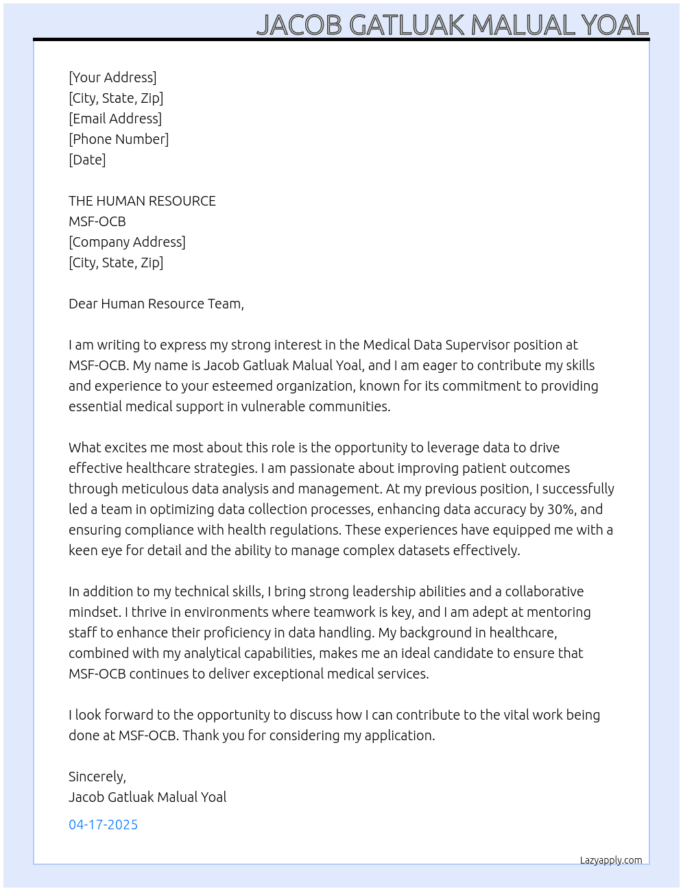 Medical Data Supervisor At MSF-OCB Cover Letter