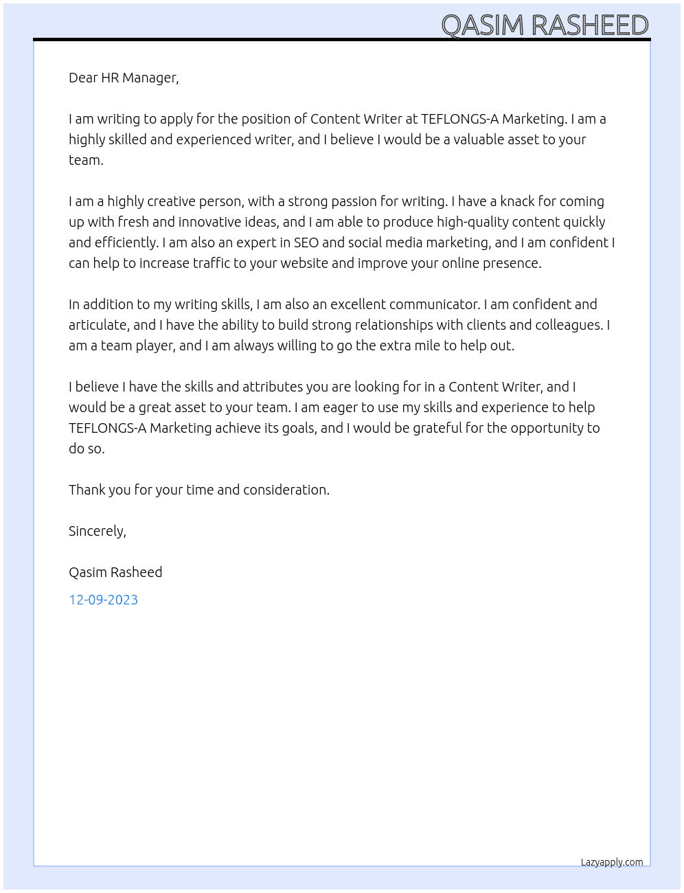 Content Writer At  TEFLONGS-A Marketing Cover Letter