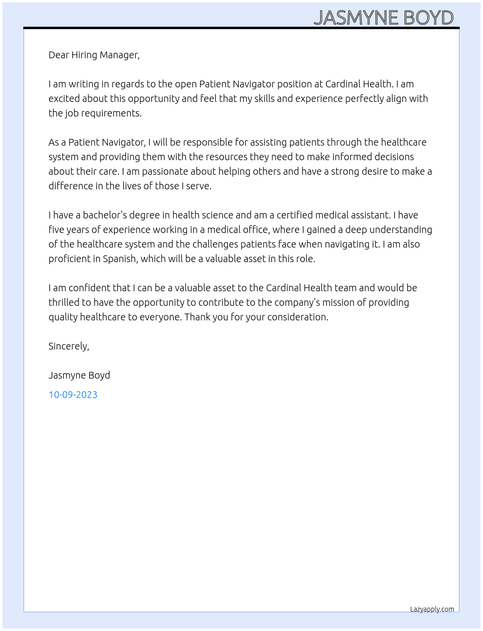 Patient Navigator At Cardinal Health Cover Letter