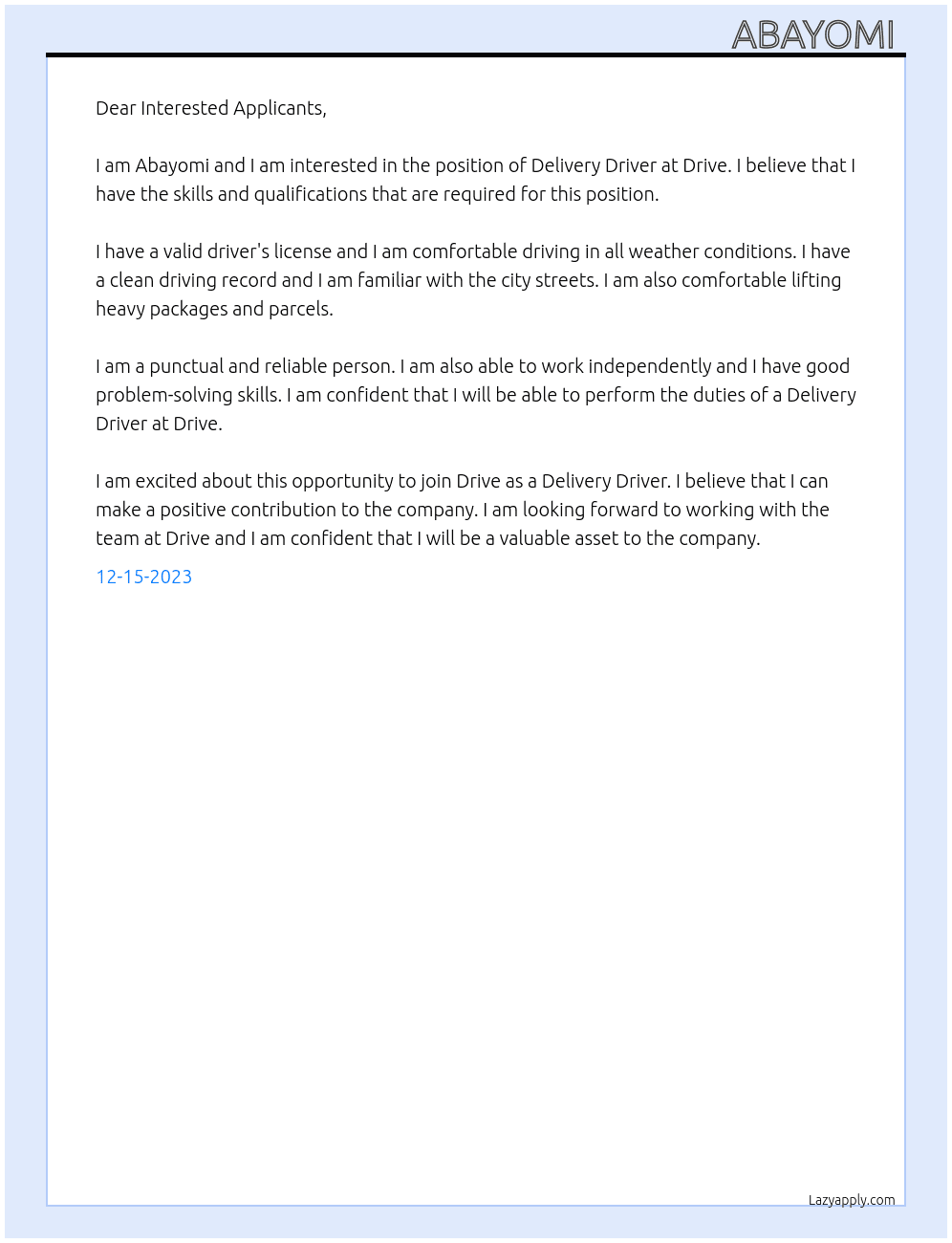 Delivery driver  At Drive  Cover Letter