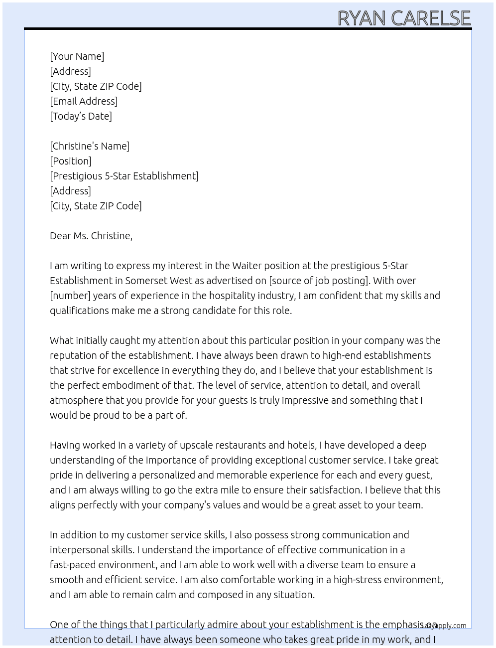 Waiter At Prestigious 5-Star Establishment Cover Letter