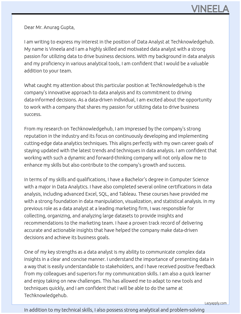 data analyst At Techknowledgehub Cover Letter