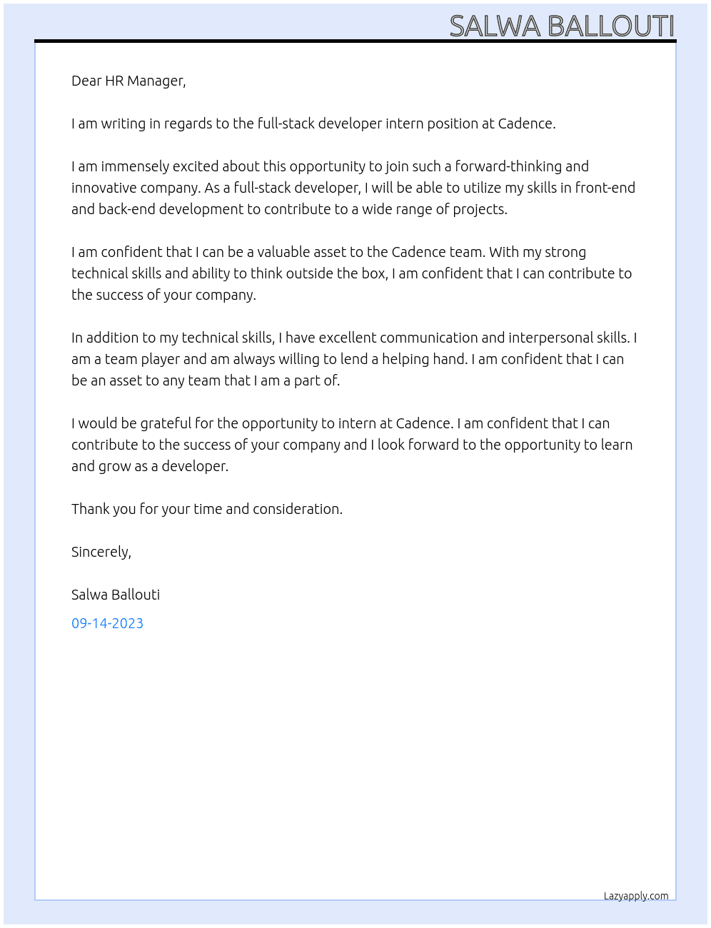 full-stack developer intern At Cadence Cover Letter