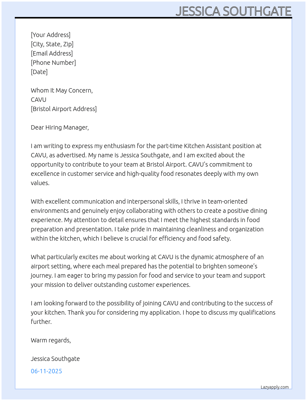 Kitchen Assistant  At CAVU Cover Letter