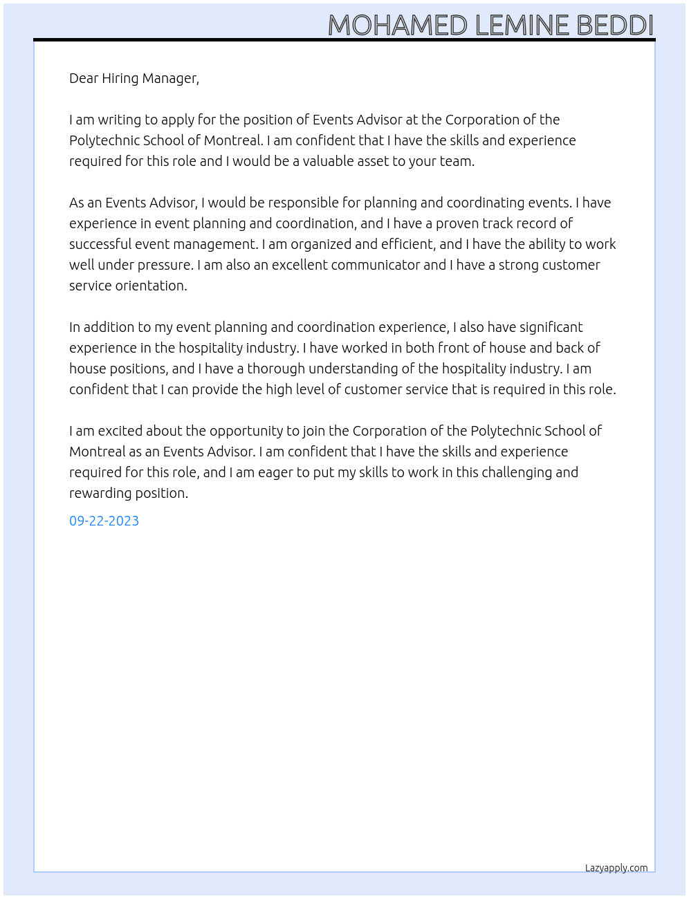 events advisor At CORPORATION OF THE POLYTECHNIC SCHOOL OF MONTREAL Cover Letter