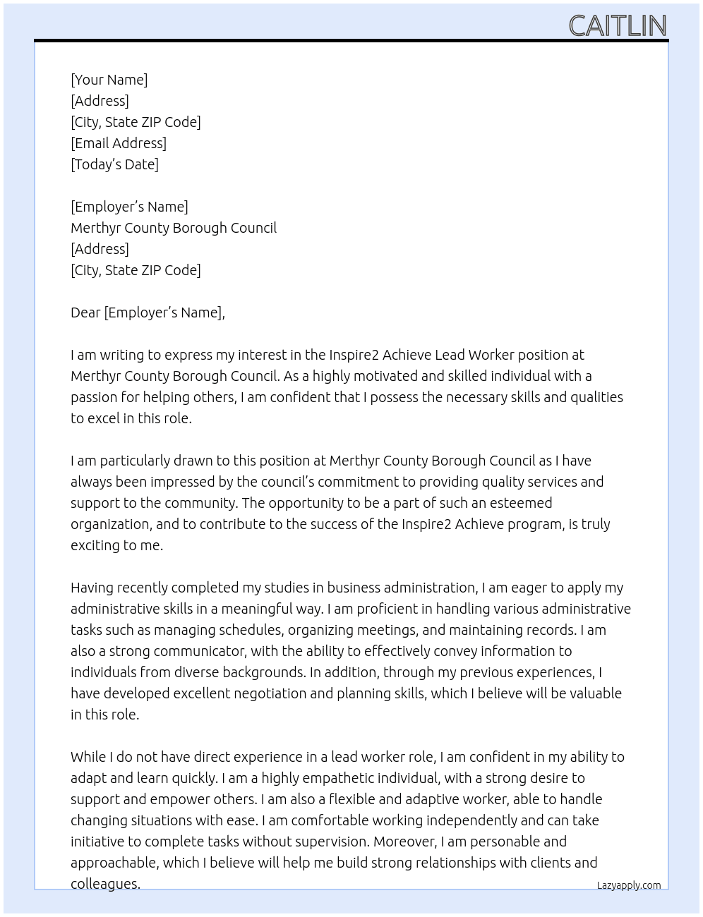 Inspire2 Achieve Lead Worker At Merthyr County Borough Council Cover Letter