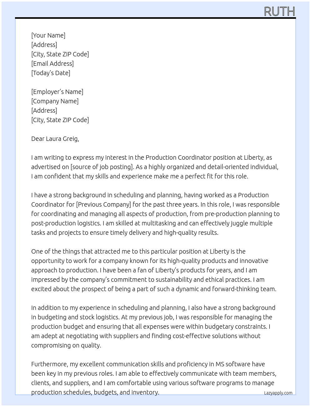 production coordinator At Liberty Cover Letter
