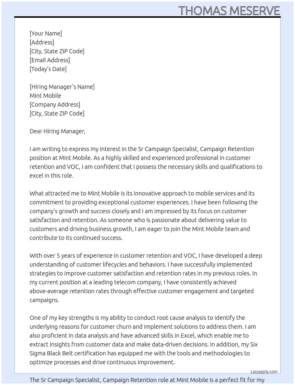 Sr Campaign Specialist, Campaign Retention At Mint Mobile Cover Letter