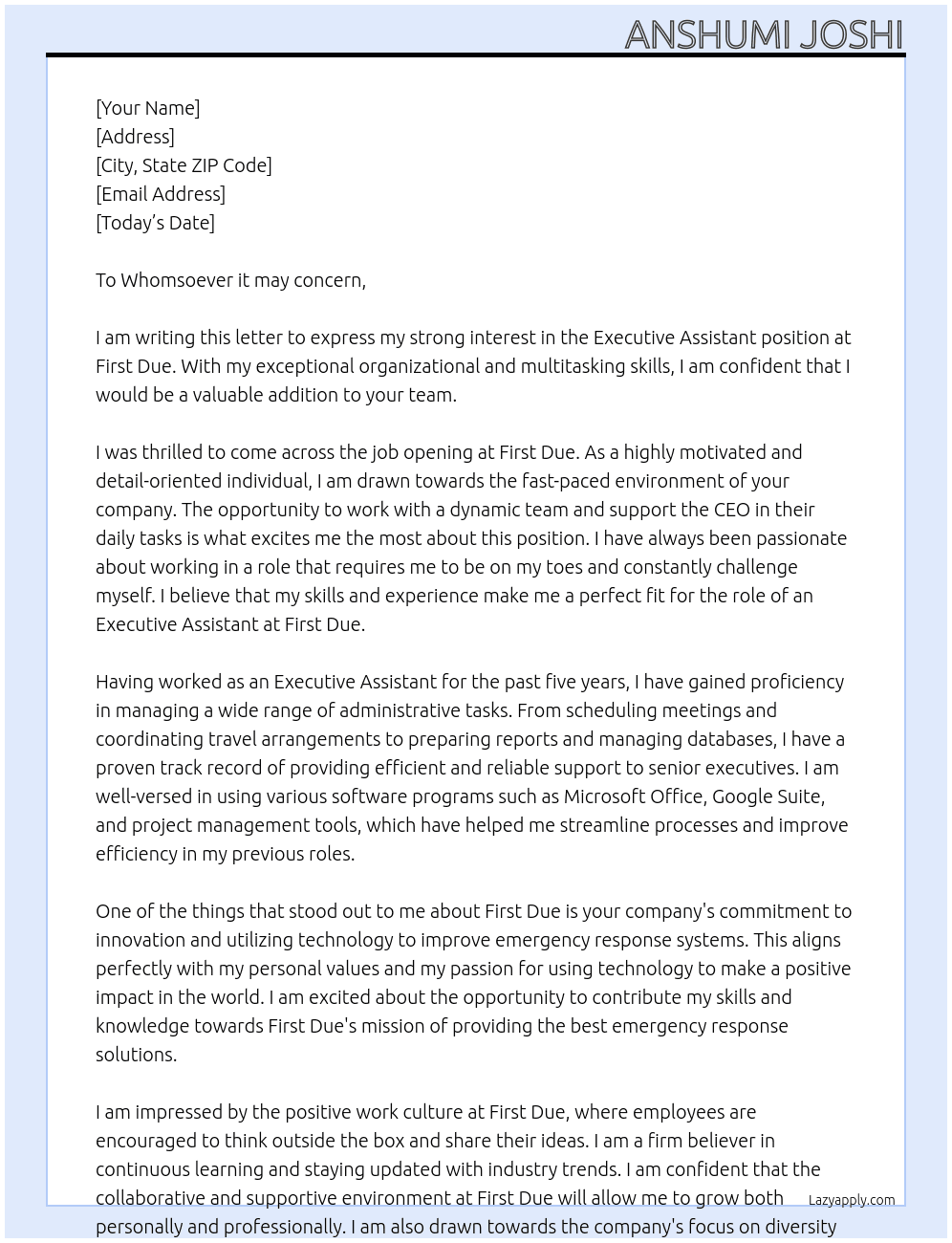 Executive Assistant At First Due Cover Letter