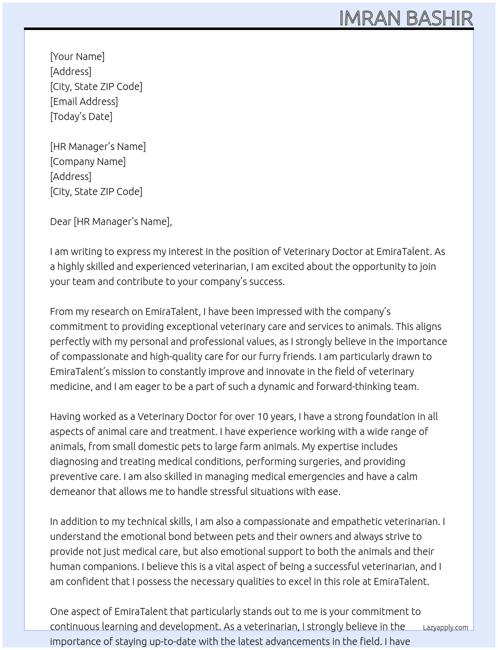 Veterinary Doctor At EmiraTalent‎ Cover Letter