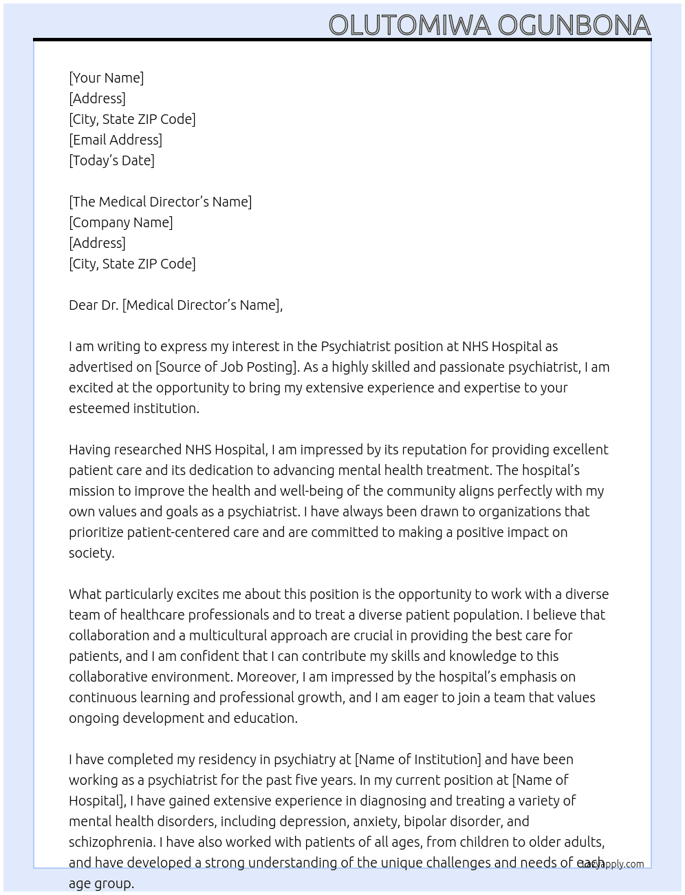 Psychiatrist At NHS Hospital Cover Letter