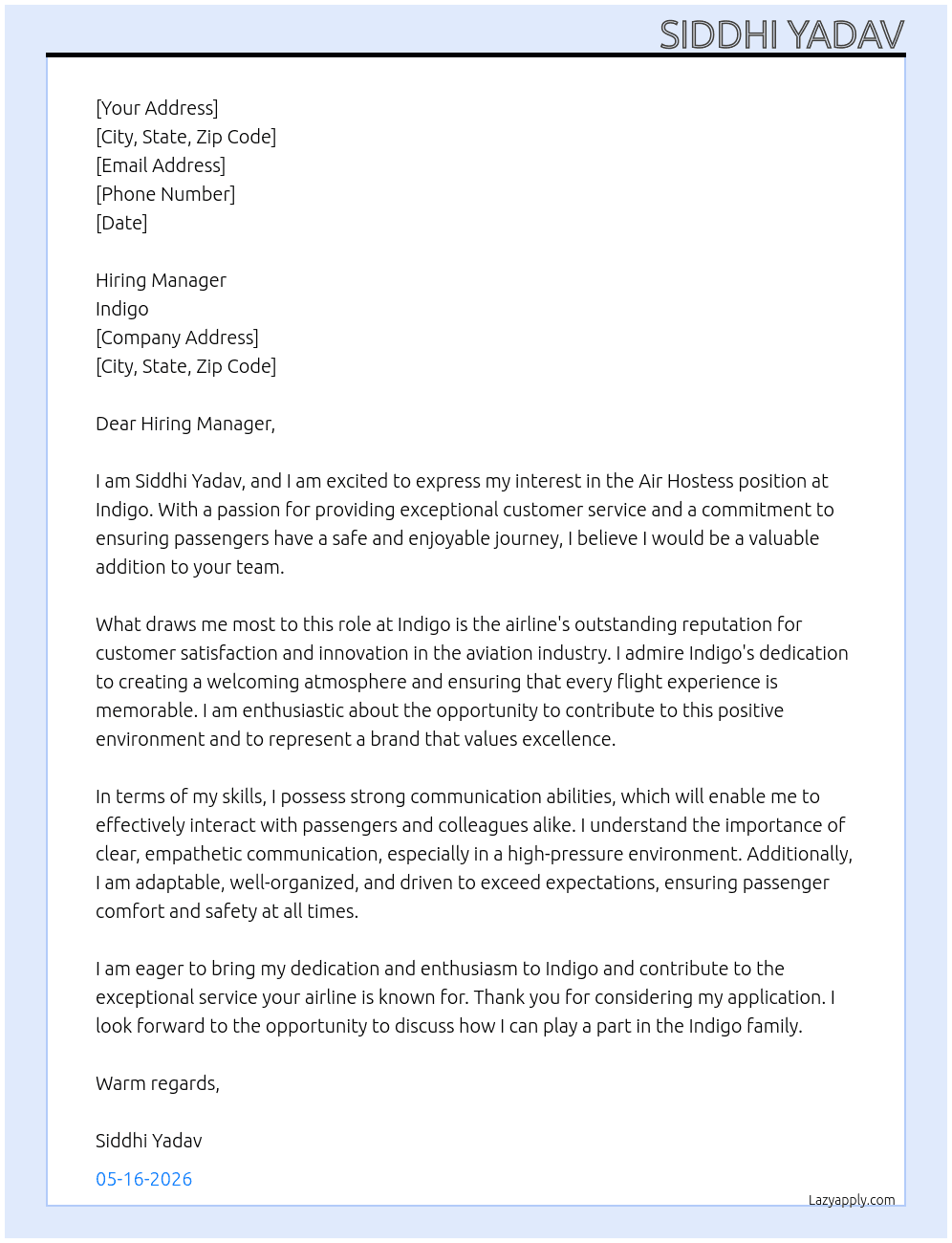 Air hostess At Indigo Cover Letter