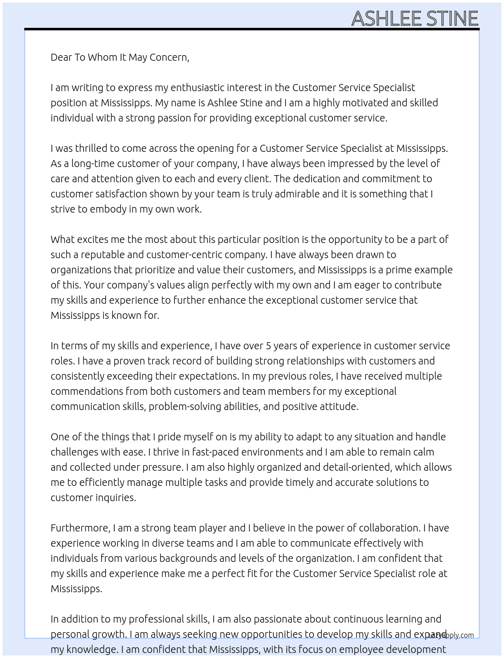 Customer Service Specialist At Mississipps Cover Letter