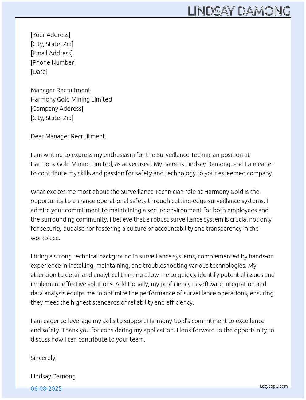 Surveillance ztechnician At Harmony Gold Mining Limited Cover Letter