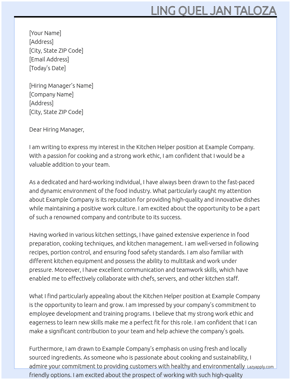Kitchen Helper At Example Company Cover Letter