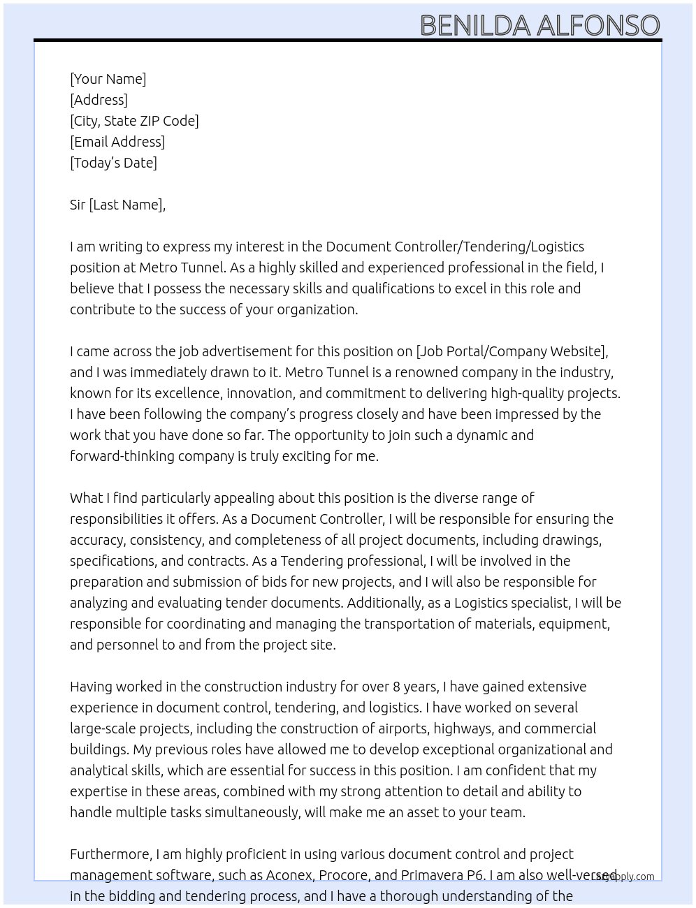 Document Controller/Tendering/Logistics At Metro Tunnel Cover Letter
